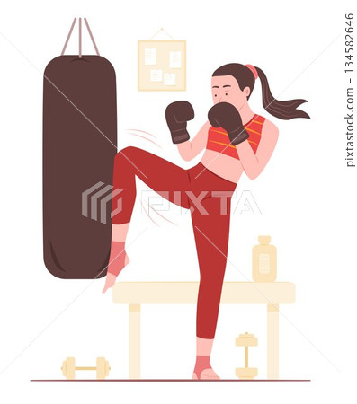 Young Sportswoman Boxer Kick a Punching Bag to Practice Kickboxing for Martial Arts Sport and Exercise Concept Illustration Young Sportswoman Boxer Kick a Punching Bag to Practice Kickboxing for Martial Arts Sport and Exercise Concept Illustration 134582646