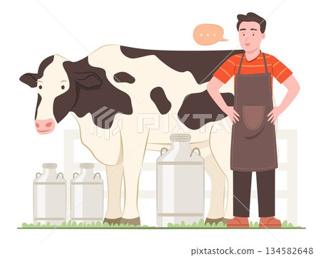 Dairy Farmer Man Worker Standing Near a Dairy Cow with Milk Cans in Farm for Dairy Cattle and Milking Cow Concept Illustration Dairy Farmer Man Worker Standing Near a Dairy Cow with Milk Cans in Farm for Dairy Cattle and Milking Cow Concept Illustration 134582648