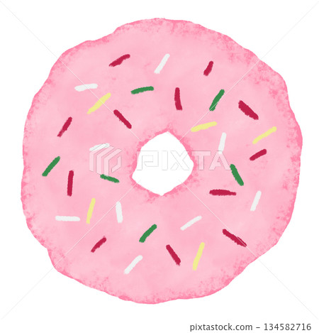水彩手繪小吃插畫。粉紅巧克力甜甜圈，點綴著五彩繽紛的糖屑。 134582716
