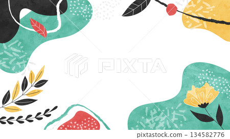 Botanical natural pop background. Colorful watercolor illustration with scattered flowers and leaves. 134582776