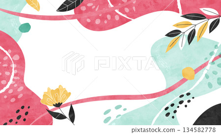 Botanical natural pop background. Colorful watercolor illustration with scattered flowers and leaves. 134582778
