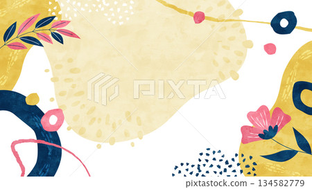Botanical natural pop background. Colorful watercolor illustration with scattered flowers and leaves. 134582779