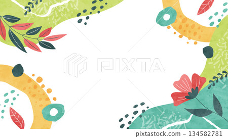 Botanical natural pop background. Colorful watercolor illustration with scattered flowers and leaves. 134582781