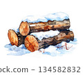 Watercolor illustration of snow-covered firewood 134582832