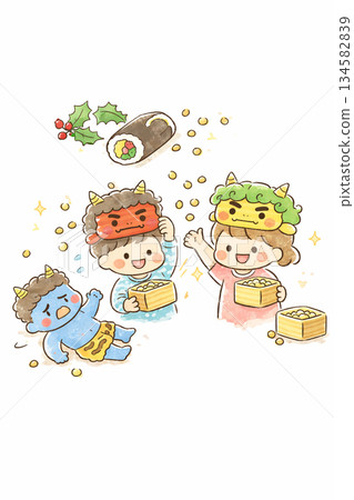 大家一起丟豆子吧！簡易節分插畫 134582839