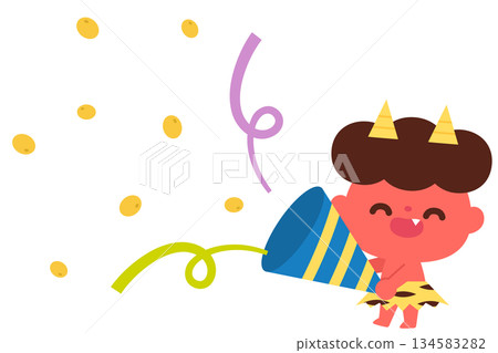 Red demon holding a cracker that gives out beans Red demon holding a cracker that gives out beans 134583282