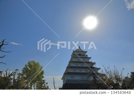 Shimabara Castle stands elegantly illuminated by the large sun Shimabara Castle stands elegantly illuminated by the large sun 134583648