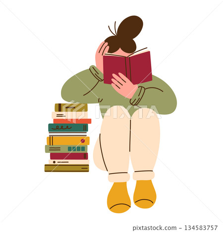 Flat cartoon vector illustration of girl reading book, woman sitting on floor and leaning on book stack, cozy library scene, paper reading hobby, calm self care mood for education, study projects Flat cartoon vector illustration of girl reading book, woman sitting on floor and leaning on book stack, cozy library scene, paper reading hobby, calm self care mood for education, study projects 134583757