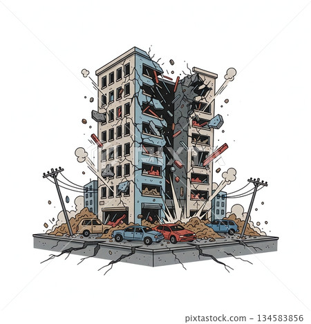 建築物和街道倒塌：地震或爆炸造成的嚴重破壞 134583856