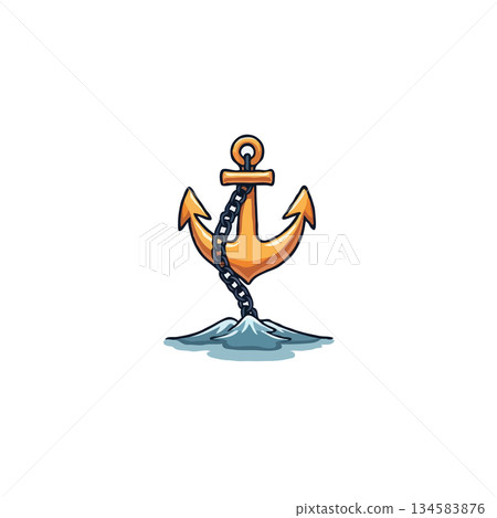 Whimsical nautical anchor illustration poised on a stylized water surface with hanging chain 134583876