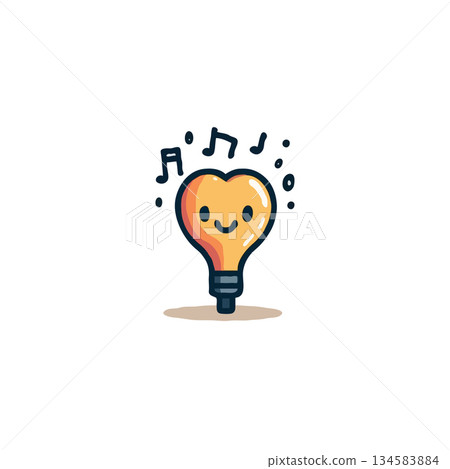 Cute light bulb character radiating happiness with musical notes enhancing the cheerful vibe 134583884