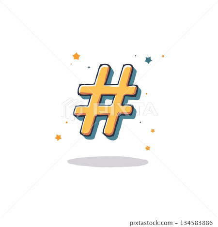 Stylized golden hashtag icon amidst twinkling stars against a pure white backdrop, representing Stylized golden hashtag icon amidst twinkling stars against a pure white backdrop, representing 134583886