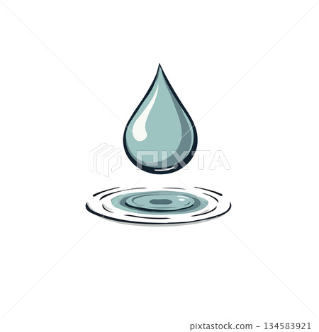 Illustrative depiction of a serene water droplet creating concentric ripples as it falls onto a 134583921