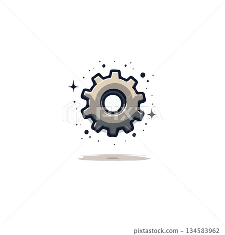 Isolated vector illustration of a shiny gear with a cosmic stardust aura creating an imaginative Isolated vector illustration of a shiny gear with a cosmic stardust aura creating an imaginative 134583962