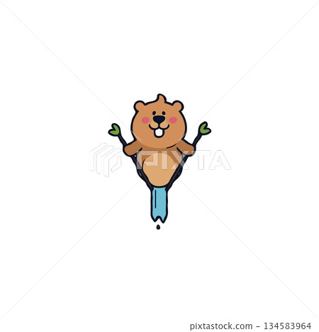 Cartoon beaver character illustration creatively incorporates a log dam and water for a playful 134583964