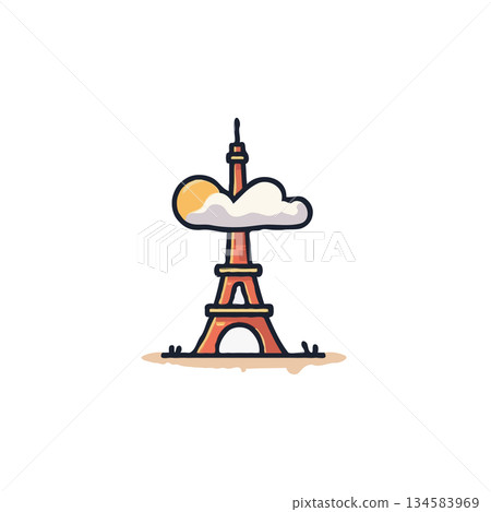 Whimsical eiffel tower under a sunny cloud in a bright cheerful cartoon rendering against clear 134583969