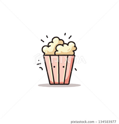 Whimsical popcorn vector illustration conveying a delicious snack concept featuring striped box Whimsical popcorn vector illustration conveying a delicious snack concept featuring striped box 134583977