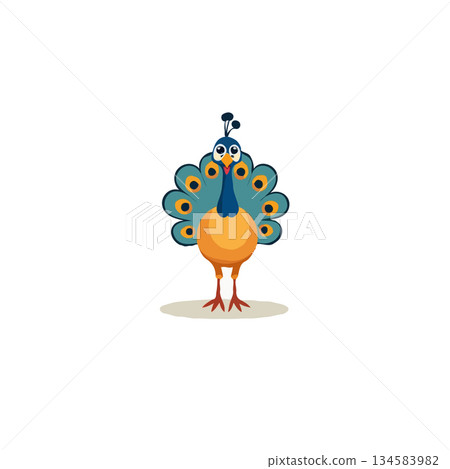 Delightful cartoon peacock illustration showcasing vibrant feathers and charming character design 134583982
