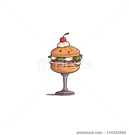 A whimsical dessert illustration featuring a stacked treat resembling a burger served in a 134583988