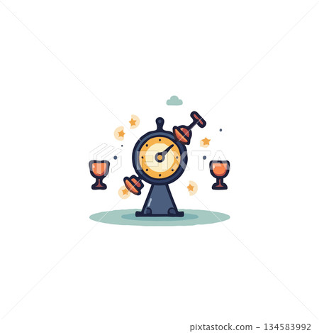 Whimsical illustration of a fortune telling machine accompanied by two glasses emanating mystical 134583992