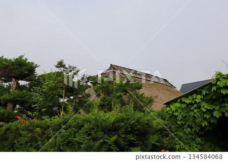 A cat climbing onto the roof of a samurai residence in Nakamachi, a traditional building district in Hirosaki, Aomori 134584068