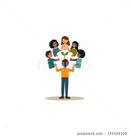 Diverse group of individuals uniting to nurture a growing plant symbolizing collaboration and 134584100
