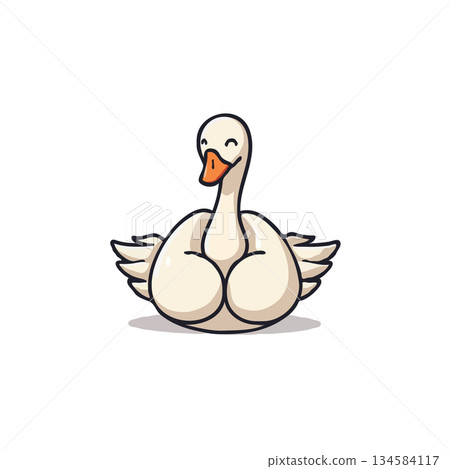Charming cartoon swan character displaying delightful contentment and innocent charm on clean 134584117