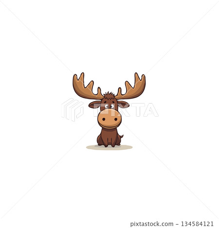 Cartoon moose character sitting attentively with large antlers and friendly expression isolated on Cartoon moose character sitting attentively with large antlers and friendly expression isolated on 134584121