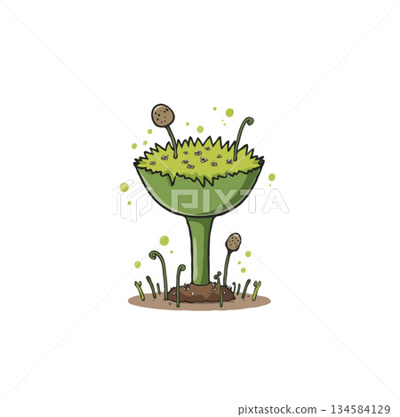 Whimsical fantasy plant with sprouting tendrils illustration in a lush green color palette 134584129