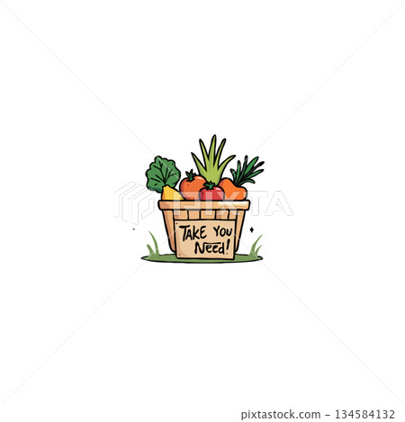 Artistic illustration of a harvest basket brimming with fresh vegetables and handwritten note Artistic illustration of a harvest basket brimming with fresh vegetables and handwritten note 134584132