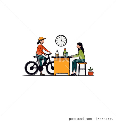 Relaxing indoor meeting illustration showcasing a woman with her bicycle and a friend at home Relaxing indoor meeting illustration showcasing a woman with her bicycle and a friend at home 134584359