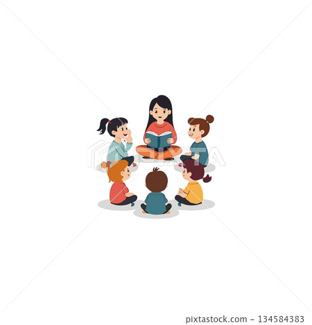 A teacher shares tales with captivated students fostering imagination and creating a strong bond 134584383