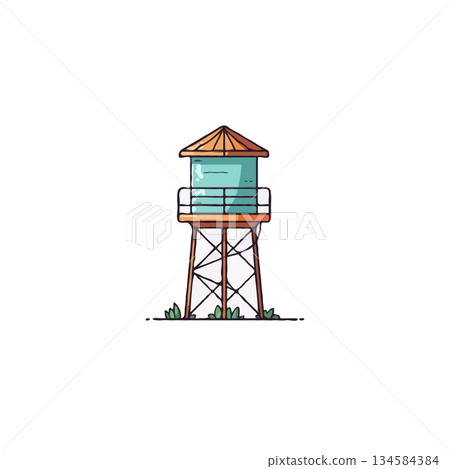 Stylized water tower illustration against a plain background showcasing industrial infrastructure 134584384