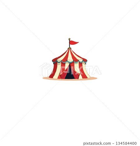 Whimsical cartoon circus tent illustration showcasing red and white stripes, capturing a festive, 134584400