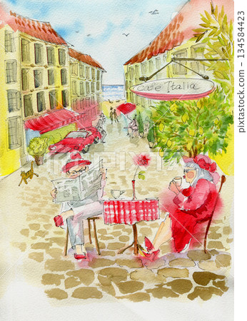 summer landscape old town street, elderly man in light suit and woman in red dress drinking coffee with sea view summer landscape old town street, elderly man in light suit and woman in red dress drinking coffee with sea view 134584423