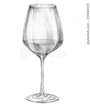 wine glass not empty label vertical pencil drawn graphic. Hand drawn pencil drawing. for menu, decoration and design 134584459
