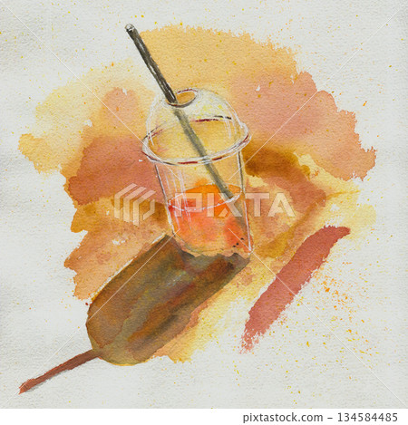 A glass with a drink in sand with a straw. Hand-drawn with watercolors on textured paper. For a postcard, travel, cover 134584485