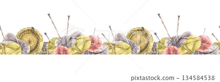 Watercolor knitting seamless border. Balls of yarn threads in different color. Realistic skeins of string with knitting needles, crochet hook. Hobby pattern isolated on white background illustration Watercolor knitting seamless border. Balls of yarn threads in different color. Realistic skeins of string with knitting needles, crochet hook. Hobby pattern isolated on white background illustration 134584538