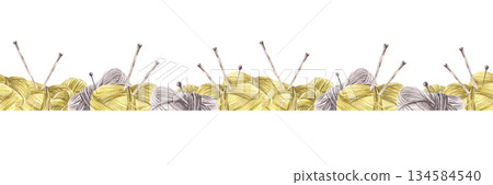 Watercolor hobby knitting seamless border. Balls of yarn threads in different color. Hand drawn illustration Skeins of string with knitting needles. Handicrafts striped pattern design. Isolated from Watercolor hobby knitting seamless border. Balls of yarn threads in different color. Hand drawn illustration Skeins of string with knitting needles. Handicrafts striped pattern design. Isolated from 134584540
