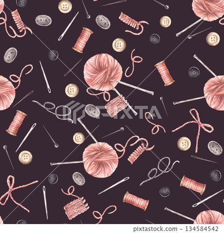 Watercolor seamless pattern with elements for handicrafts. Buttons, yarn ball with knitting needles, thread spool and sewing pins. Hand drawn illustration on isolated dark background Fabric, wallpaper 134584542