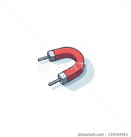 Illustrated horseshoe magnet stands alone symbolizing the forces of attraction and scientific 134584561