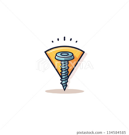 A cartoonish screw within a yellow triangular badge presents a simple illustration style icon design A cartoonish screw within a yellow triangular badge presents a simple illustration style icon design 134584585