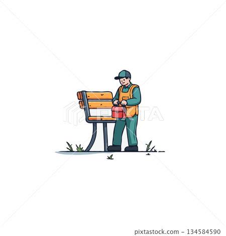 Man with lunchbox by park bench creating an isolated scene with an air of simple charm and 134584590