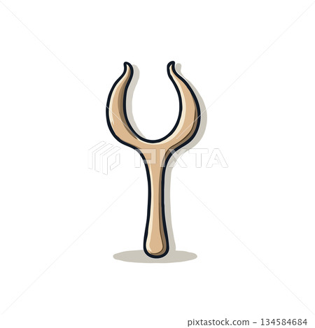 Cartoon illustration of a tan slingshot with a black outline against a stark white backdrop simple Cartoon illustration of a tan slingshot with a black outline against a stark white backdrop simple 134584684