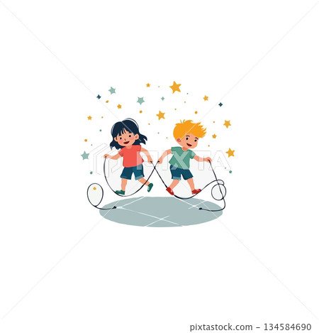Whimsical depiction of children enjoying jump rope with playful stars an illustration embracing Whimsical depiction of children enjoying jump rope with playful stars an illustration embracing 134584690