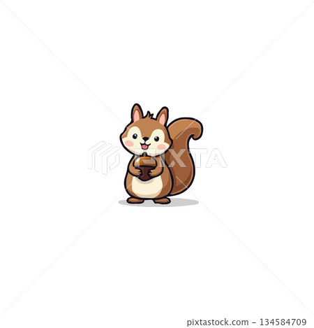 A charming squirrel illustration with a fluffy tail joyfully holding an acorn in its paws against 134584709