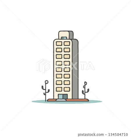 Stylized representation of a towering urban building, a simple flat design that embodies 134584710
