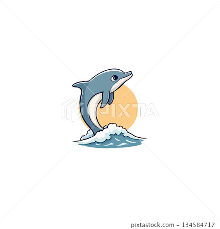 Whimsical marine scene showcasing a joyful dolphin leaping from gentle waves against a serene 134584717