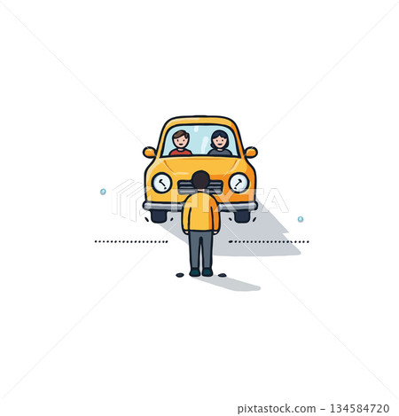 Yellow car approaching pedestrian with unsure driver and passenger creates transportation dilemma Yellow car approaching pedestrian with unsure driver and passenger creates transportation dilemma 134584720