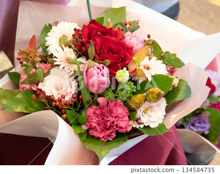 Bouquets lined up in a flower shop 134584735